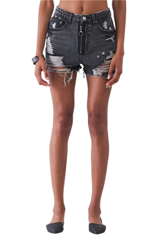 Ripped High-waist Front Zip-up Raw Hem Detail Distressed Mini Shorts