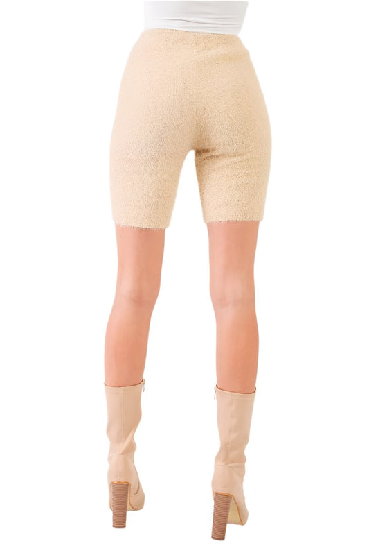 Oatmeal Beige Knit High Waist Stretchy Warm Fuzzy Biker Shorts