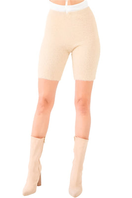 Oatmeal Beige Knit High Waist Stretchy Warm Fuzzy Biker Shorts