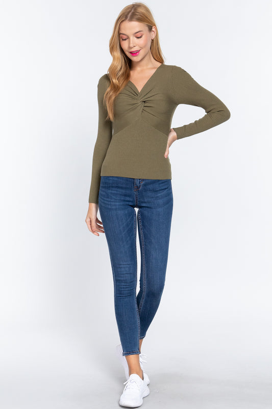 Long Slv V-neck Knotted Sweater