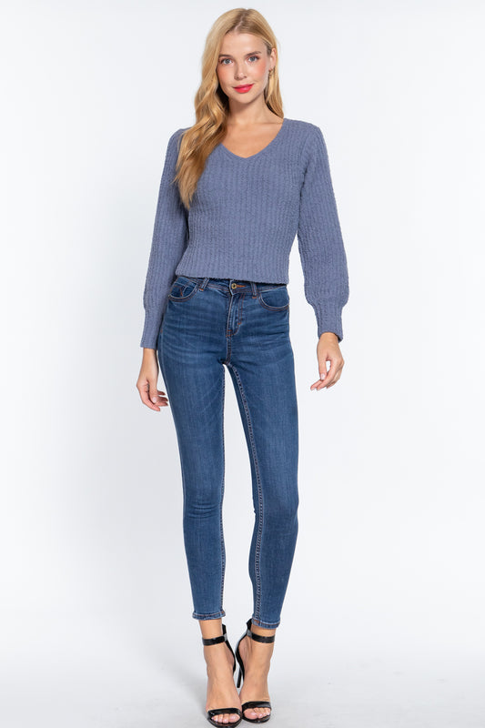 Long Puff Slv V-neck Rib Sweater