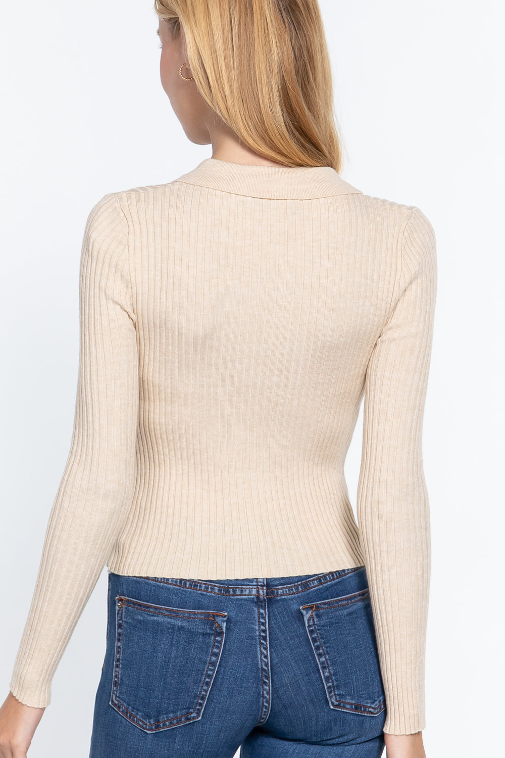 Notched Collar Zippered Sweater