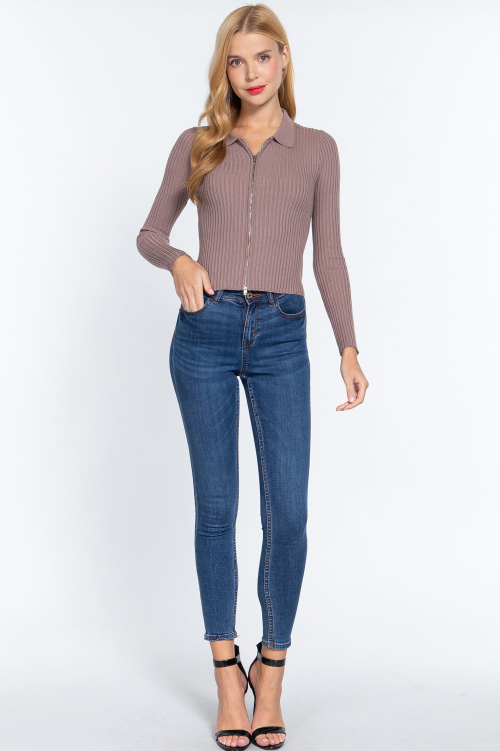 Notched Collar Zippered Sweater