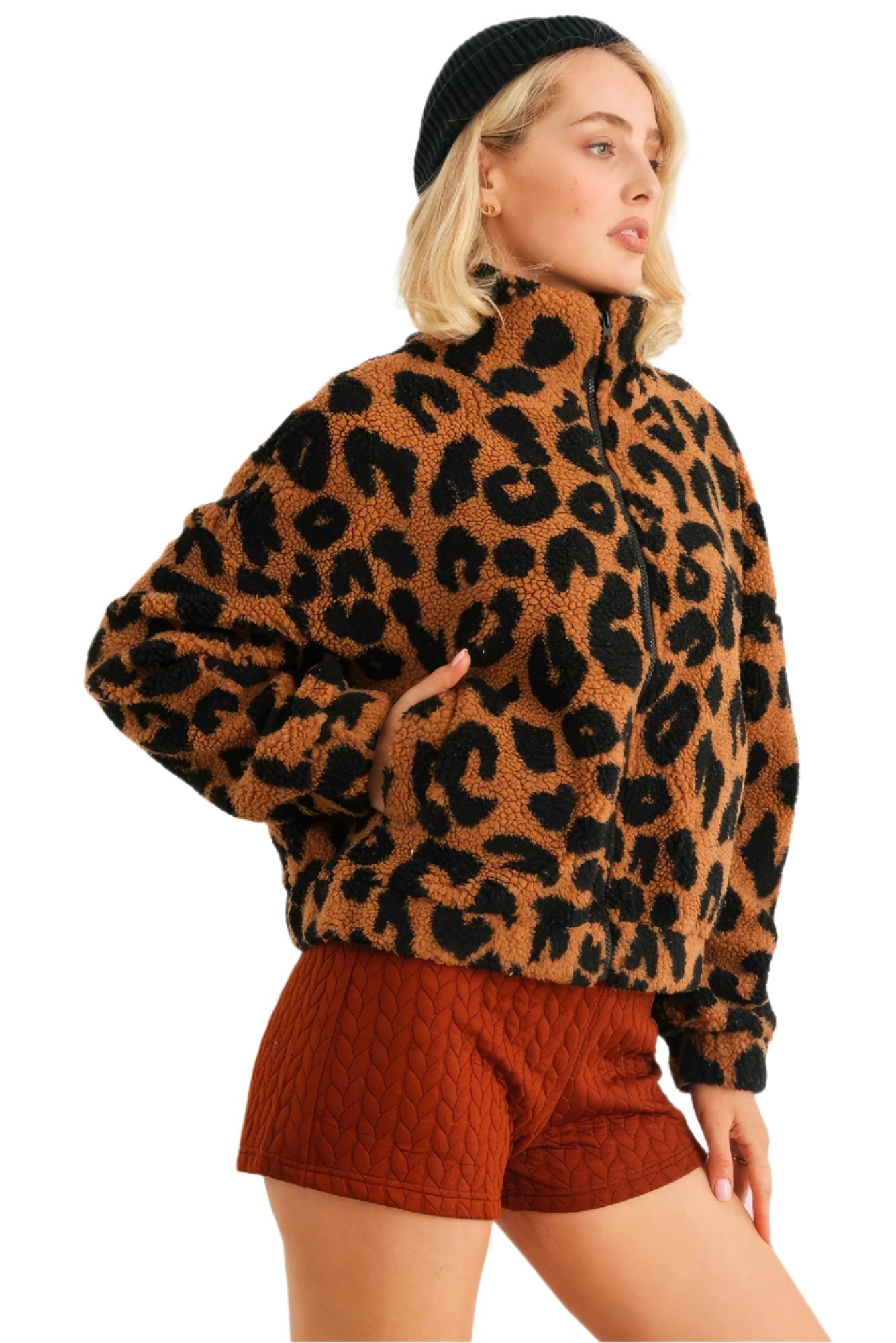 Leopard Teddy Zip-up Two Pocket Jacket