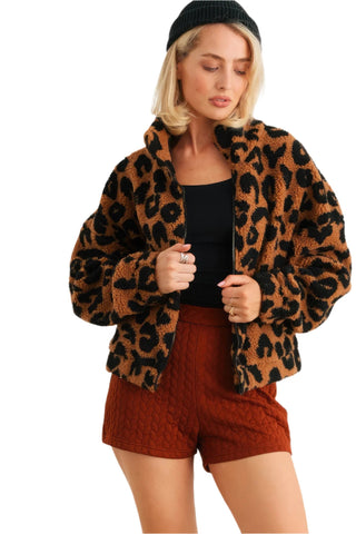 Leopard Teddy Zip-up Two Pocket Jacket