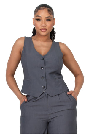 Buttoned Solid V-neck Vest Top