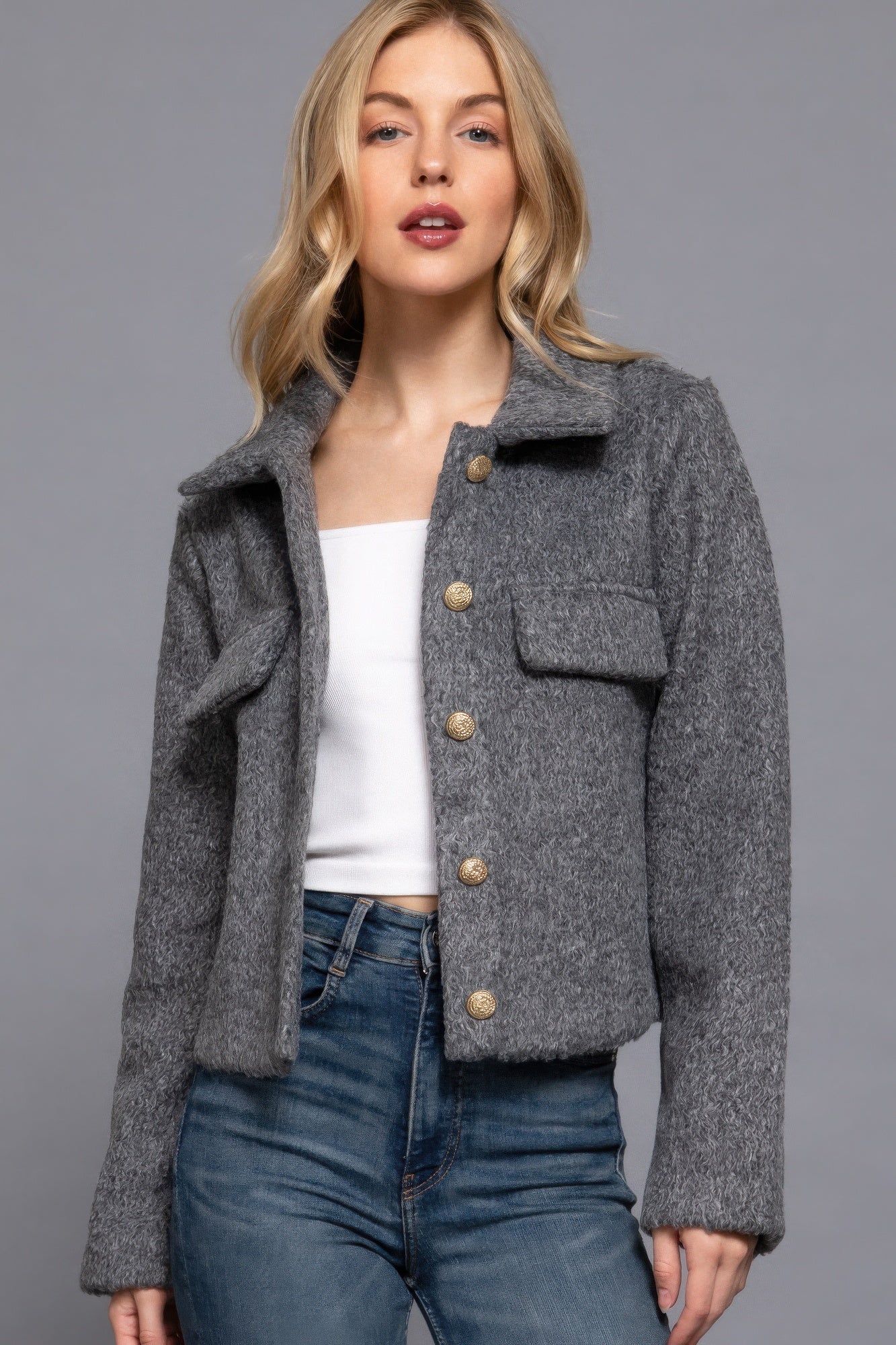 Long Slv Teddy Fleece Short Jacket