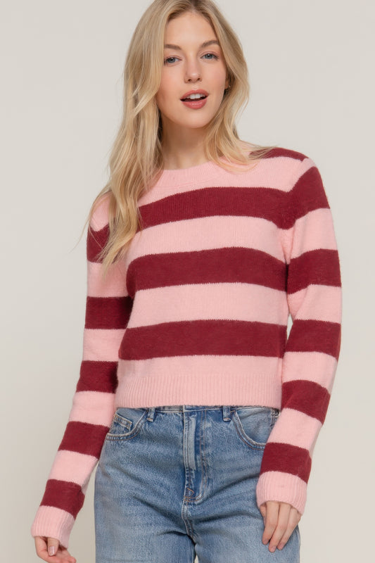 Long Slv Crew Neck Stripe Sweater